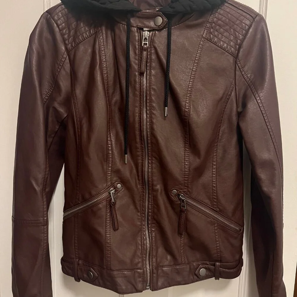 Sebby brown faux leather biker jacket w/black quilted hood/vest size s - Picture 6 of 12